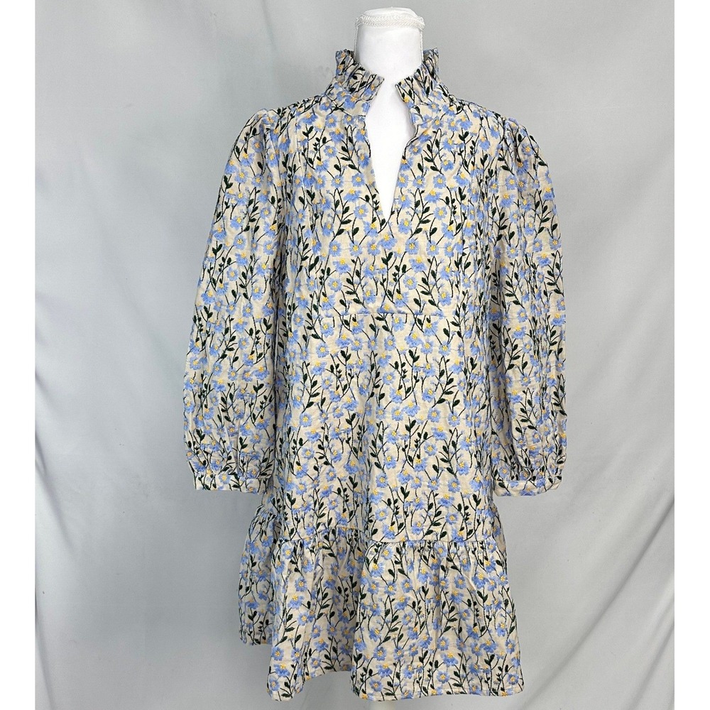 Tuckernuck Floral Ruffle-Neck Mini Dress in Blue and Cream